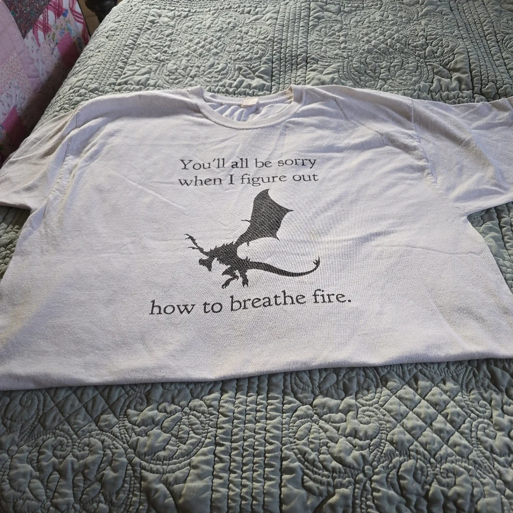 White T-Shirt with Dragon Print And Cute Message Size Mens 2x Hanes T-shirt - Picture 3 of 5